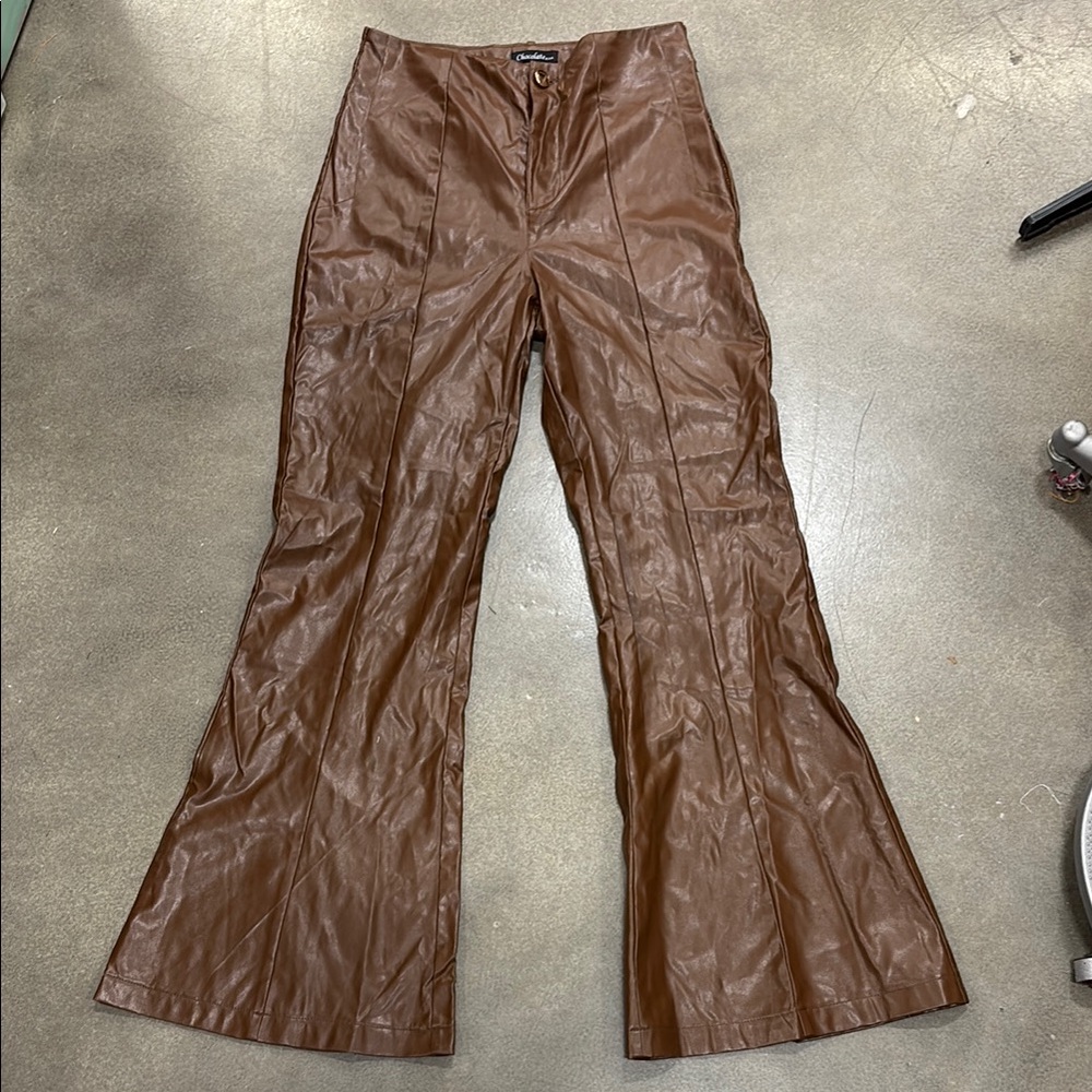 Brown Faux Leather Flare Pants